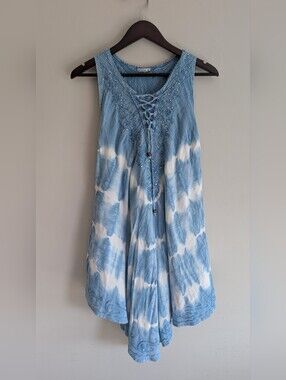 Vintage Blue & White Flowy Tie Dye Sleeveless Dress, 100% Viscose Size Small